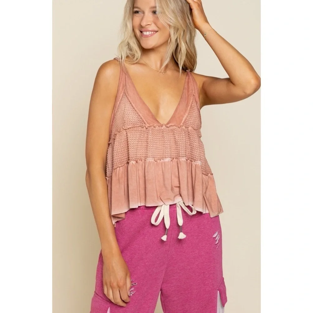 POL Warm Pink Waffle Knit Babydoll Tank Top